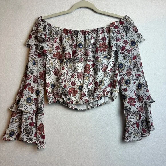 F21 Boho Crop Ruffle Blouse Off Shoulder Top Size Medium Floral Cottage Western - Picture 9 of 11